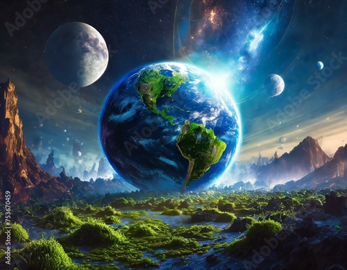 Abstract cosmic illustration with a blue Earth globe surrounded with many moons, on a green mossy planet surface. 