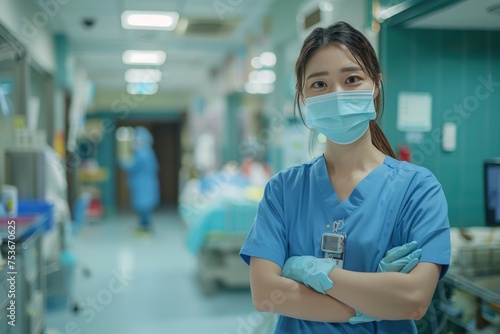 Portrait of a young nurse wears a blue uniform with mask standing in hospital