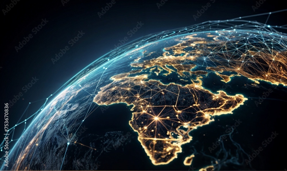 Digital world globe, concept of global network and connectivity on Earth, high speed data transfer and cyber technology, information exchange and international telecommunication
 - obrazy, fototapety, plakaty 