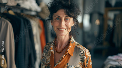 Portrait of smiling beautiful senior clothing designer at tailor workshop photo