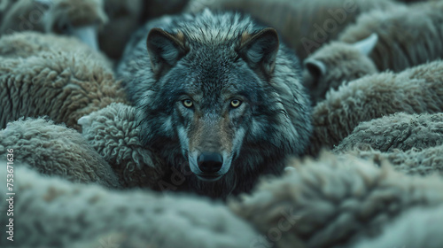 A wolf hiding among a flock of sheep, A concept of hidden danger or deception.