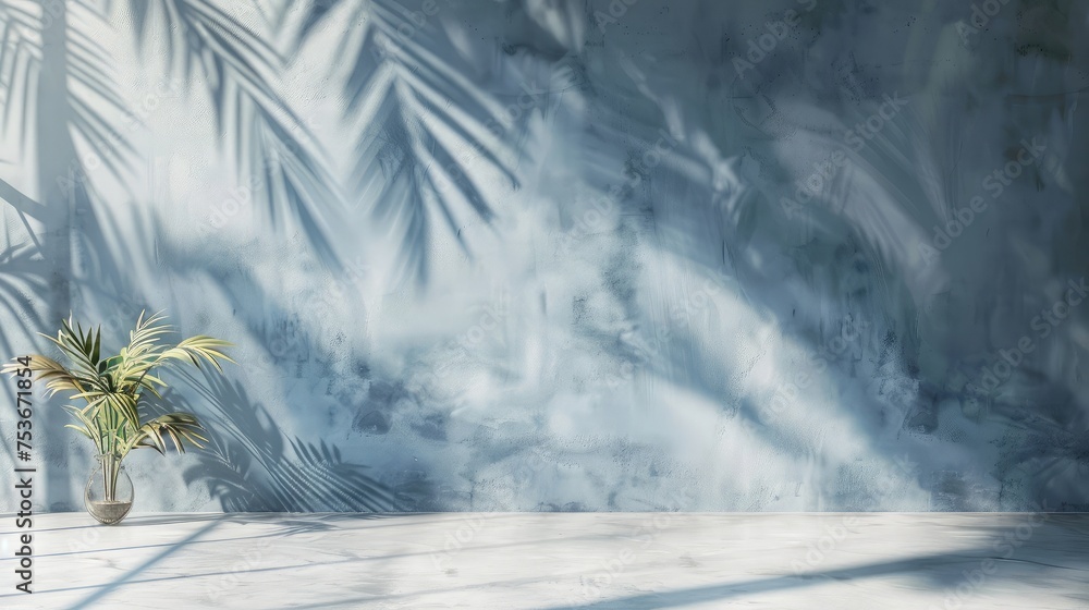 Minimal product placement background with palm shadow on blue plaster wall. Luxury summer architecture interior aesthetic. Boho home room for product platform stage mockup Minimal product placement background with palm shadow on blue plaster wall. Luxury summer architecture interior aesthetic. Boho home room for product platform stage mockup