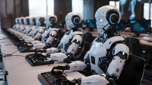 Many identical AI robots sitting at desk in the office and working with computers, one robot is looking at camera: artificial intelligence and robotization effects on employment © buraratn