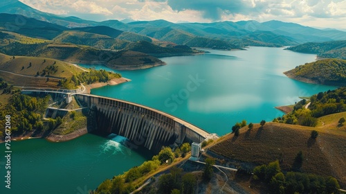 Water dam and reservoir lake aerial panoramic view photo