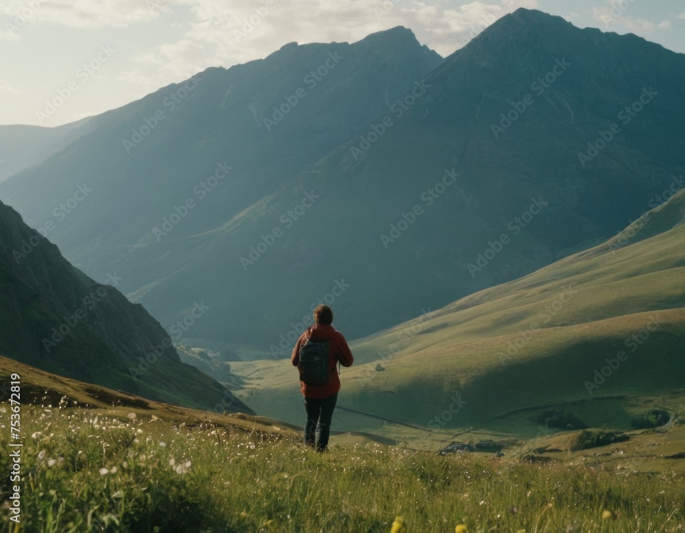A man is walking in a field with mountains in the background.  AI generation