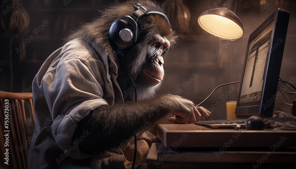 A monkey in headphones with a smart look sits at the table and works on the keyboard in front of the computer, side view A monkey in headphones with a smart look sits at the table and works on the keyboard in front of the computer, side view