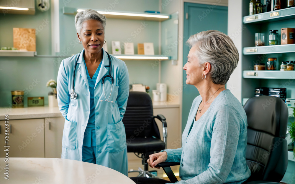 Obraz premium An adult woman in her 60s discusses her health with a female doctor in a medical clinic office; both appear engaged and at ease during the consultation.