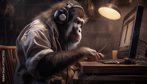 A monkey in headphones with a smart look sits at the table and works on the keyboard in front of the computer, side view photo