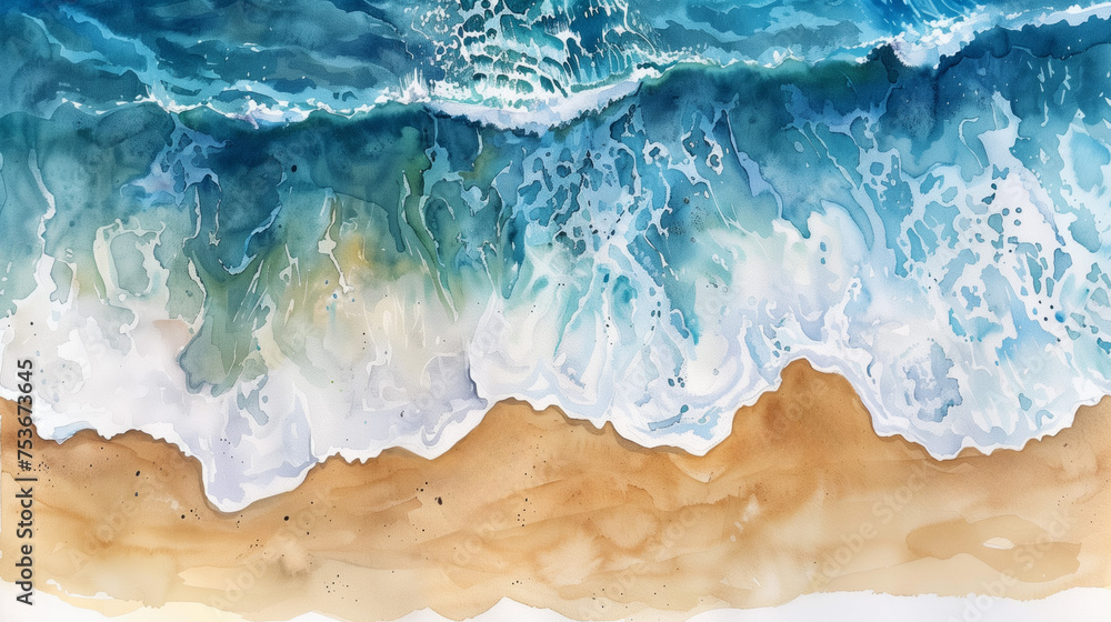 Aerial watercolor painting of beach with blue-green sea waves, watercolor, background with place for text Aerial watercolor painting of beach with blue-green sea waves, watercolor, background with place for text