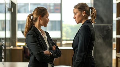 Duas mulheres de terno conversando no escritório 