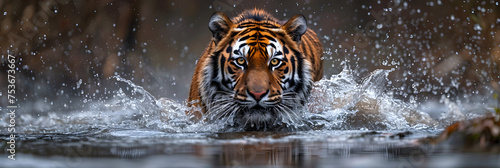 Amur Tiger Playing in the Water Siberia's Beauty,
Tiger swims in the river in the forest