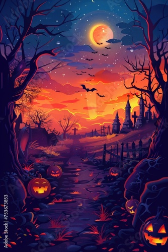 halloween cartoon template background with halloween themed scene  © YamunaART