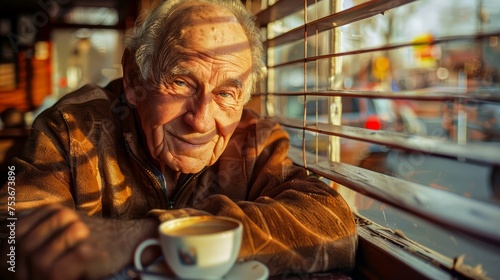 A contemplative senior man sipping coffee in a cozy cafe, with a serene view from the window photo