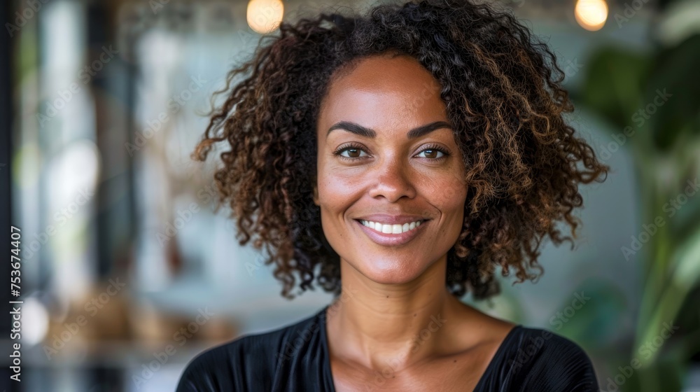 A natural and welcoming portrait of a woman with a bright smile and curly hair, exuding warmth and friendly vibes A natural and welcoming portrait of a woman with a bright smile and curly hair, exuding warmth and friendly vibes