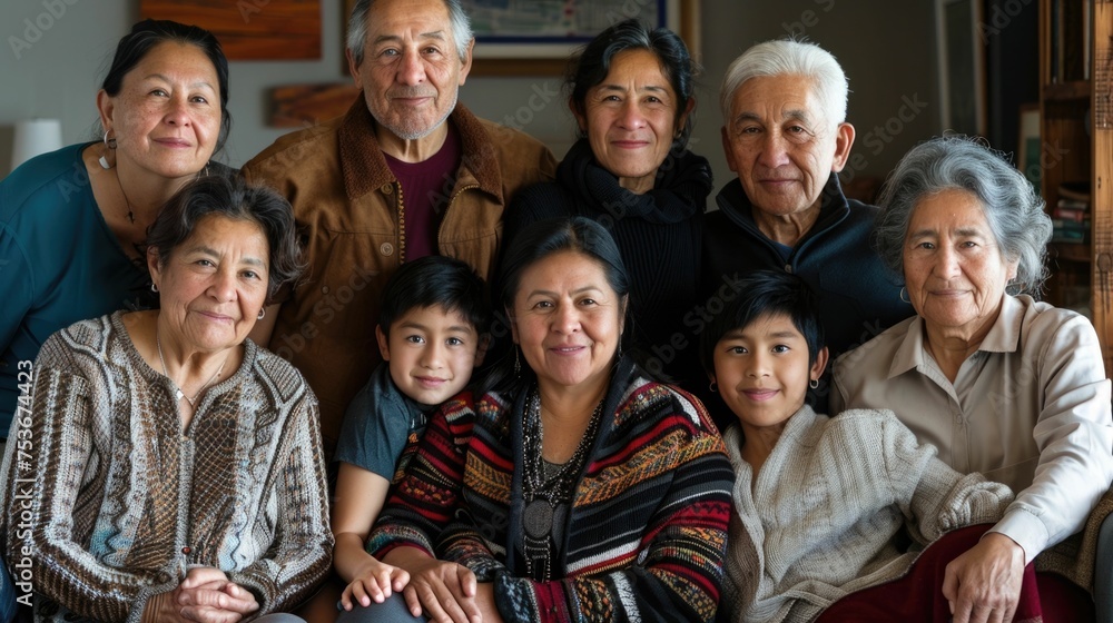 Big family of people, including a few children, are sitting together in a room. Scene is warm and welcoming, as the family members are posing for a photo together