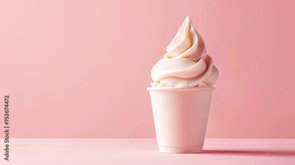 Creamy vanilla soft serve ice cream swirl in a pink cup isolated against a soft pink background Creamy vanilla soft serve ice cream swirl in a pink cup isolated against a soft pink background