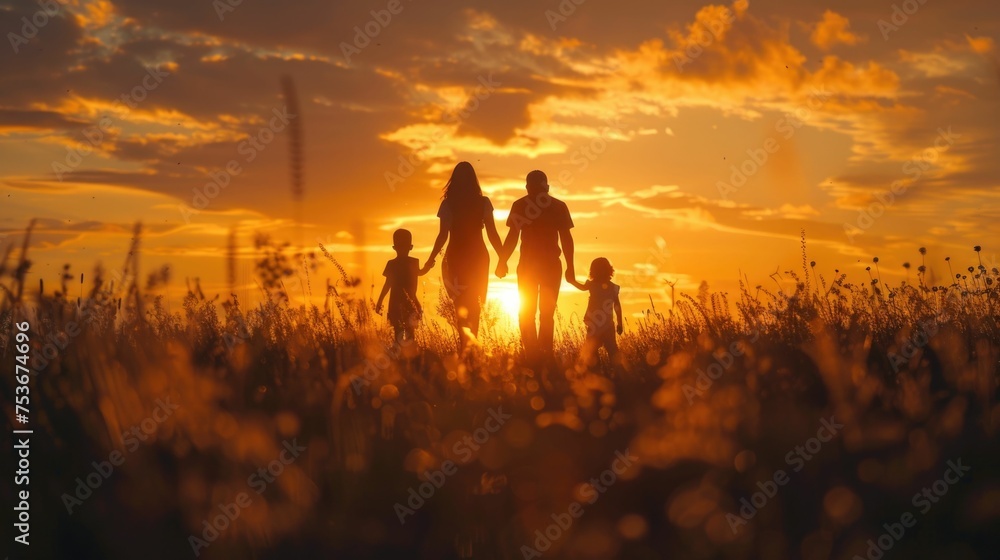 A happy family silhouetted against a vibrant sunset sky, walking through a field and enjoying the beautiful scenery together