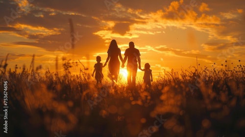 A happy family silhouetted against a vibrant sunset sky  walking through a field and enjoying the beautiful scenery together