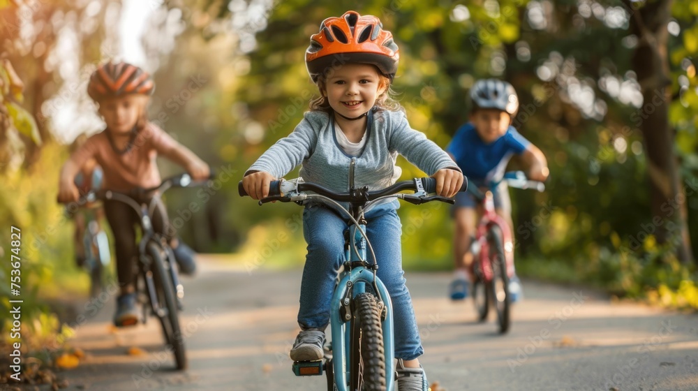 Three children are riding bikes down a path. One of the children is wearing a helmet. The children are smiling and seem to be enjoying themselves Three children are riding bikes down a path. One of the children is wearing a helmet. The children are smiling and seem to be enjoying themselves