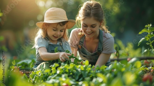 A young girl and an mother woman are working together in a garden. The woman is wearing a straw hat and the girl is wearing a blue shirt. They are both smiling