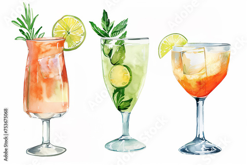 Hand drawn watercolor cocktails collection on white background, watercolor, white background 