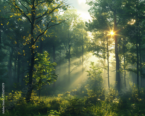 A serene forest at dawn sunlight piercing through mist