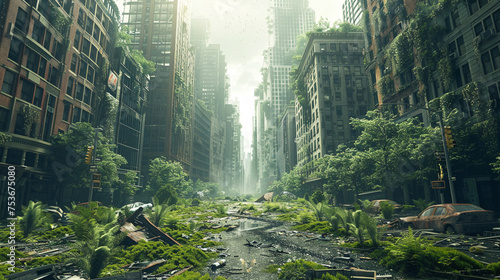 A postapocalyptic wasteland nature reclaiming a oncethriving metropolis photo
