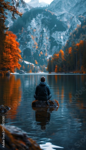 A man meditating in a serene setting with the water and mountains nearby, mind to shape reality