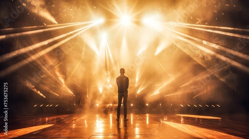A lone figure stands engulfed in the vibrant and powerful light spectacle of a concert stage