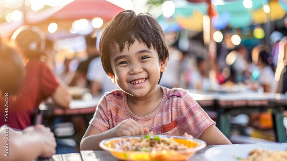 A young boy smiles joyfully while eating in a colorful, bustling street market setting