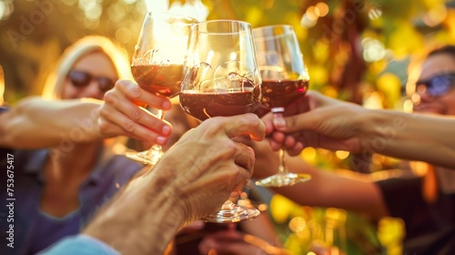 Close-up of hands clinking glasses of red wine in a vineyard at sunset, showcasing the joy of harvest