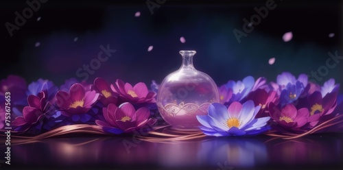 An alchemical vessel. Purple flowers on a table with a dark background. Magical, beautiful background