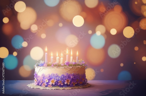 Birthday cake with flowers. Blurred background with bokeh.