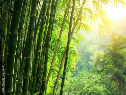 A serene bamboo grove basks in warm sunlight  evoking tranquility and natural beauty.
