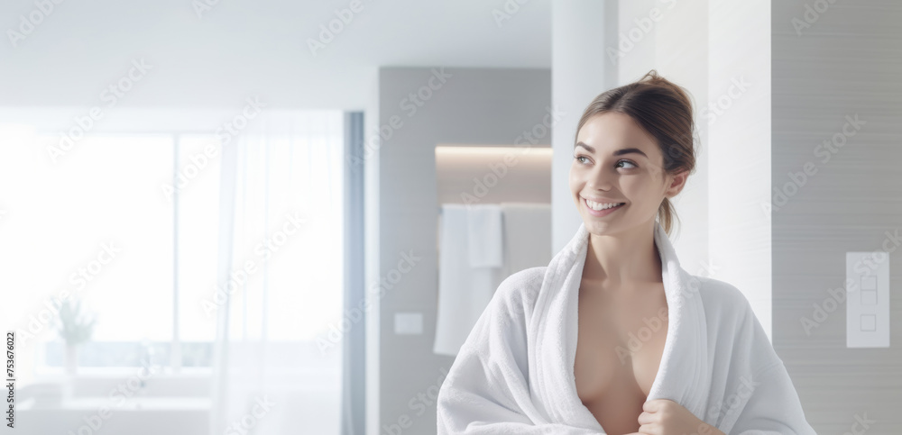 Happy attractive blonde woman in white silky bathrobe posing at white bathroom, panorama with copy space. Face and skin care at home concept.  Generative AI. - obrazy, fototapety, plakaty 