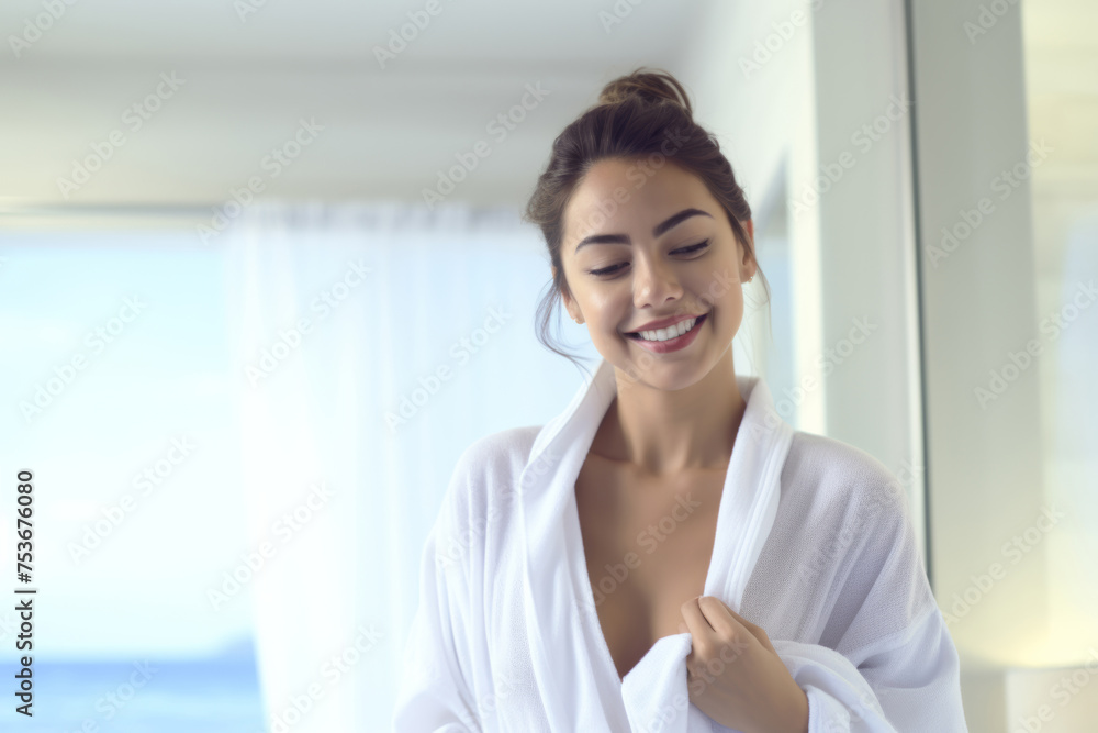 Happy attractive blonde woman in white silky bathrobe posing at white bathroom, panorama with copy space. Face and skin care at home concept. Generative AI. Happy attractive blonde woman in white silky bathrobe posing at white bathroom, panorama with copy space. Face and skin care at home concept. Generative AI.