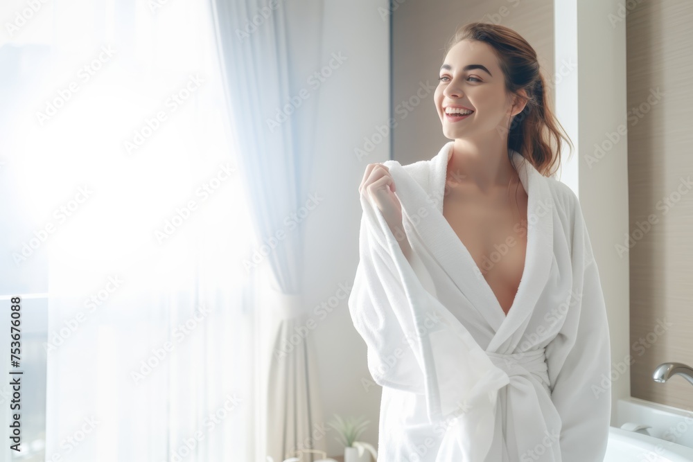 Happy attractive blonde woman in white silky bathrobe posing at white bathroom, panorama with copy space. Face and skin care at home concept. Generative AI. Happy attractive blonde woman in white silky bathrobe posing at white bathroom, panorama with copy space. Face and skin care at home concept. Generative AI.