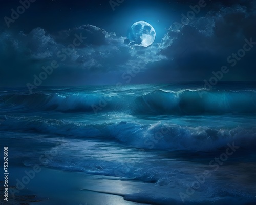 an evocative depiction of a stunning midnight blue ocean moonrise adorning the coast, where the sky is imbued with drama and the waves roll gently against the shoreline.