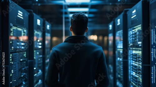 A Person successful data center IT specialist checking cloud servers
