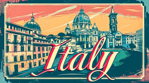 Retro 1960s inspired travel poster featuring Italy's iconic architecture and vintage typography