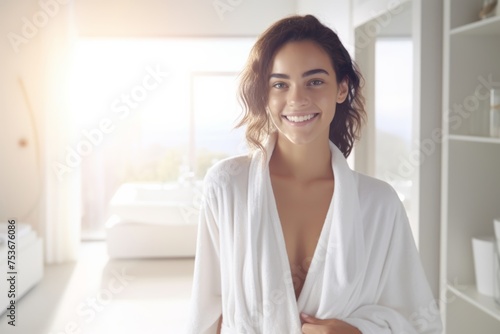 Happy attractive blonde woman in white silky bathrobe posing at white bathroom, panorama with copy space. Face and skin care at home concept. Generative AI.