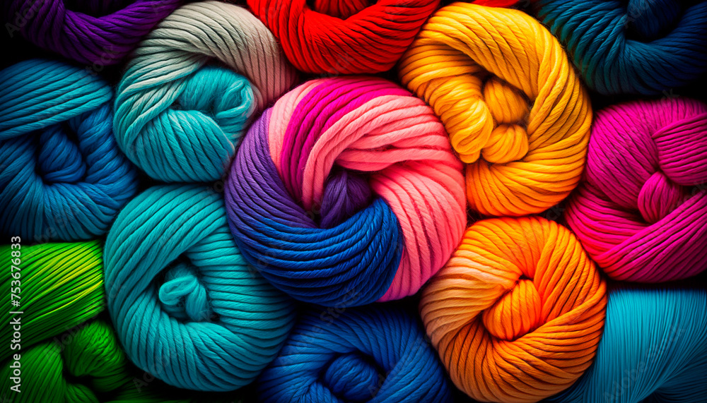 yarn for knitting multi-colored threads a lot. Generative AI, - obrazy, fototapety, plakaty 