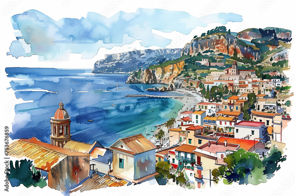 Hand-drawn watercolor Sicily isolated, watercolor,  background with a pace for text