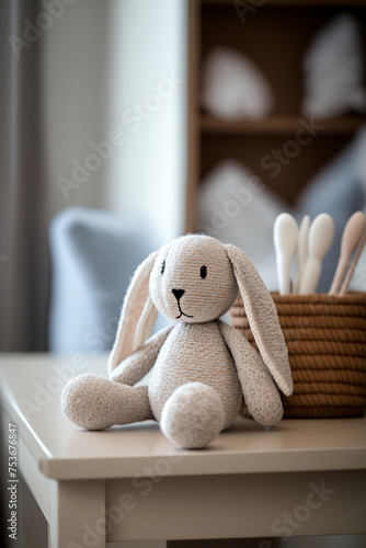 table with a plush toy hare in the baby room. Generative AI,