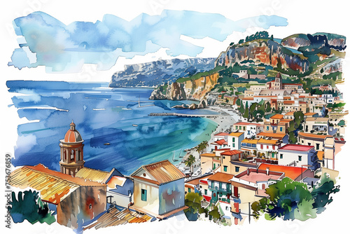 Hand-drawn watercolor Sicily isolated, watercolor,  background with a pace for text photo