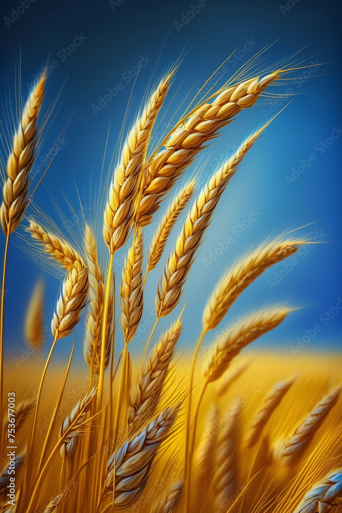 Wheat field yellow spikelets and sky. Generative AI, Wheat field yellow spikelets and sky. Generative AI,