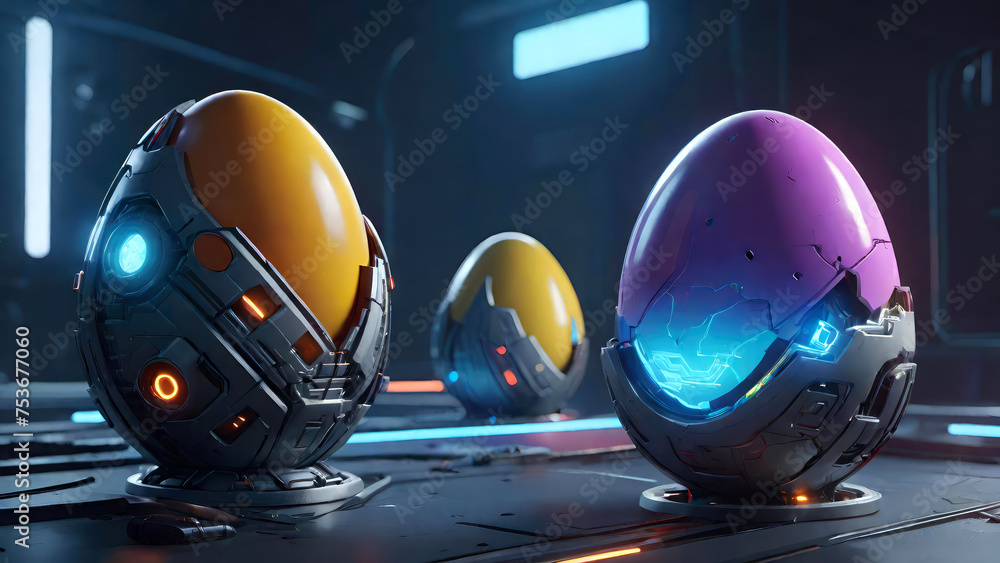 Futuristic style digital neon cyber Easter eggs on a dark blurred techno background.Generative AI 