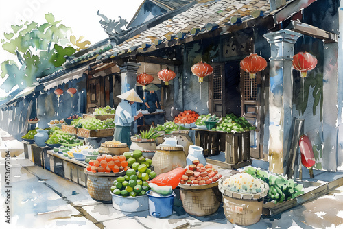 Hand-drawn watercolor Vietnam market  isolated, watercolor,  background with a pace for text photo