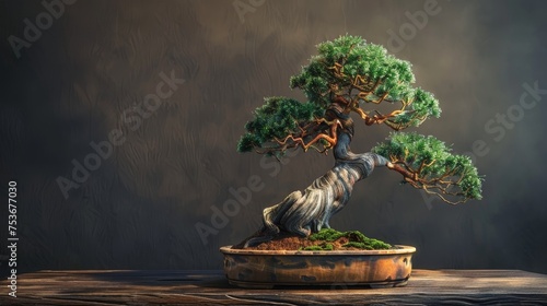  a large deadwood pine thick bonsai tree on a wooden table photo