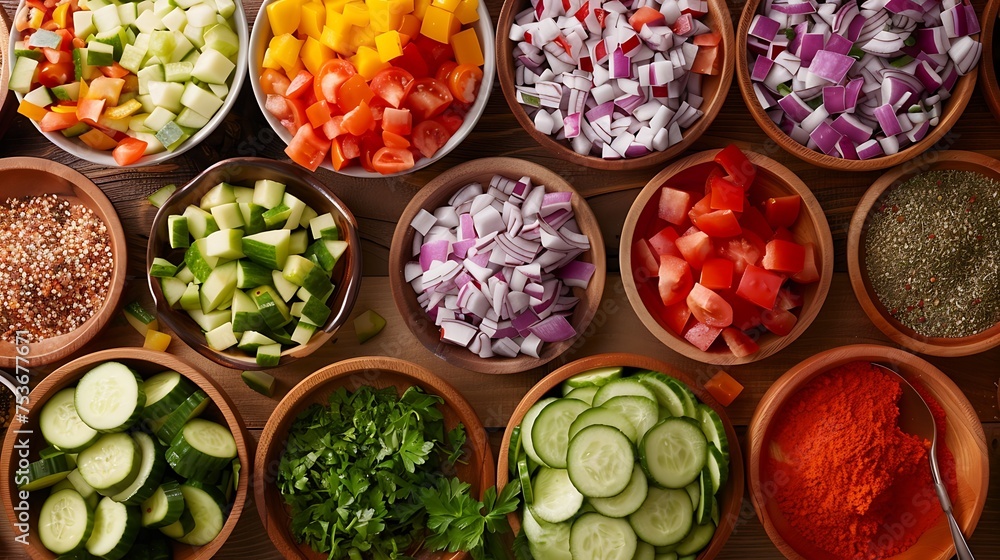Ingredients for a build-your-own salad bar spread out on a table